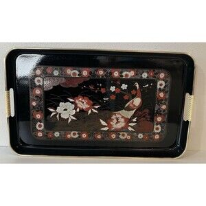 Vintage Japanese Peacock Lacquerware Tray Black & Gold Floral Large 19” x 11”